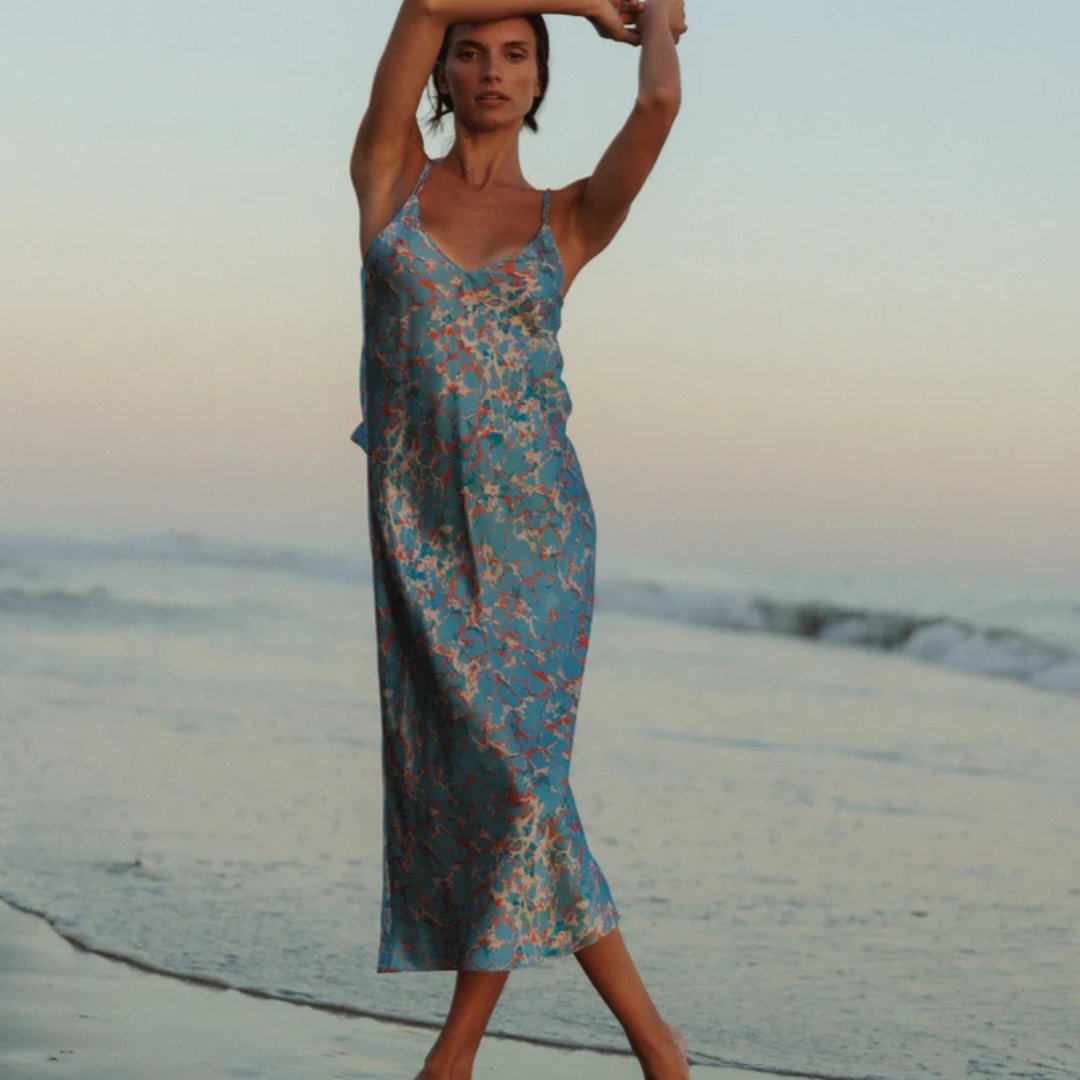Voxlena Turquoise Marble Satin Slip Dress with Delicate Straps and Fluid Drape