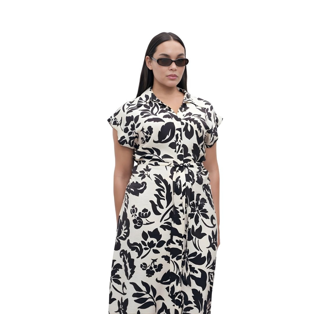 Voxlena Monochrome Floral Shirt Dress with Belted Waist and Relaxed Silhouette