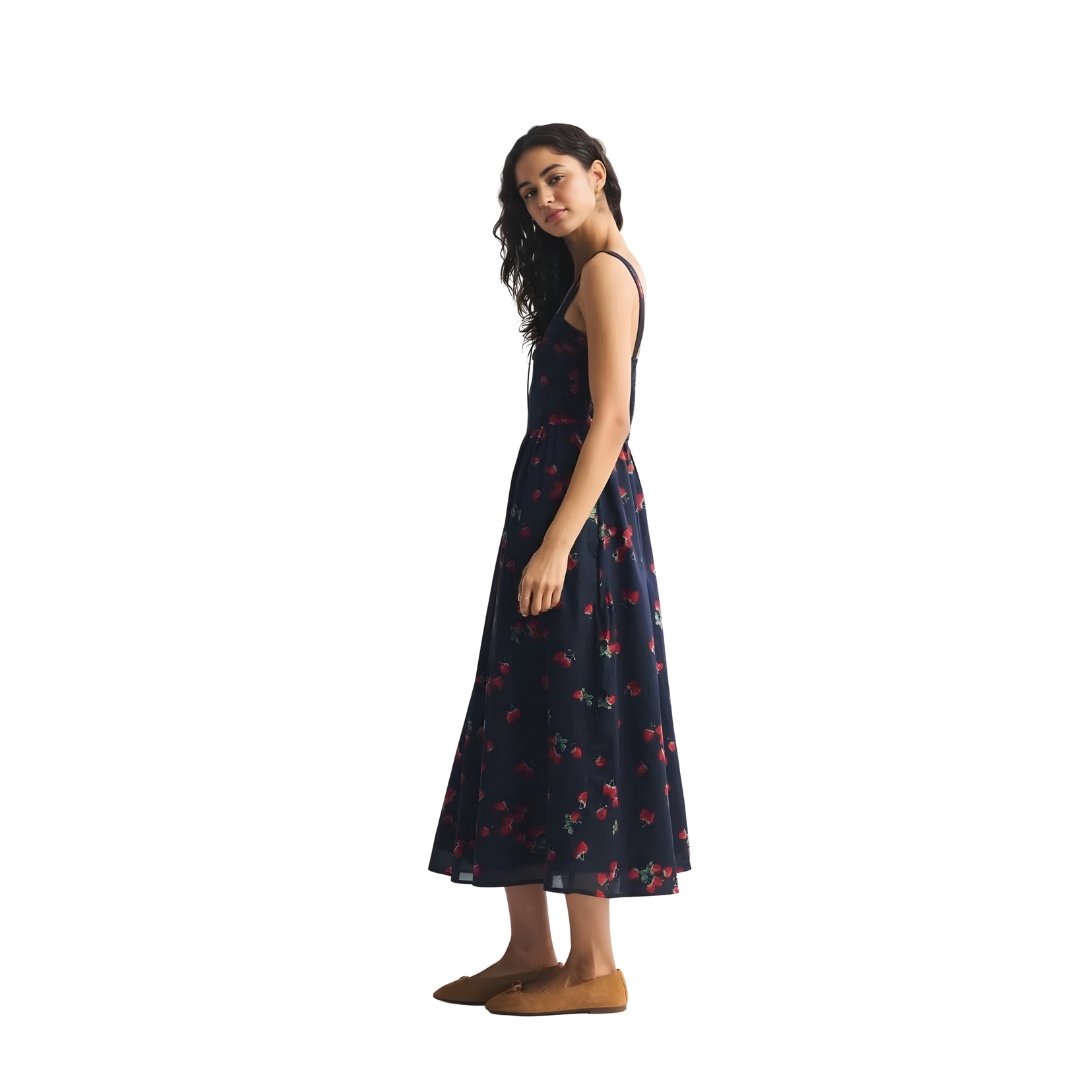 Voxlena Strawberry Print Sleeveless Midi Dress With Square Neck Summer Silhouette