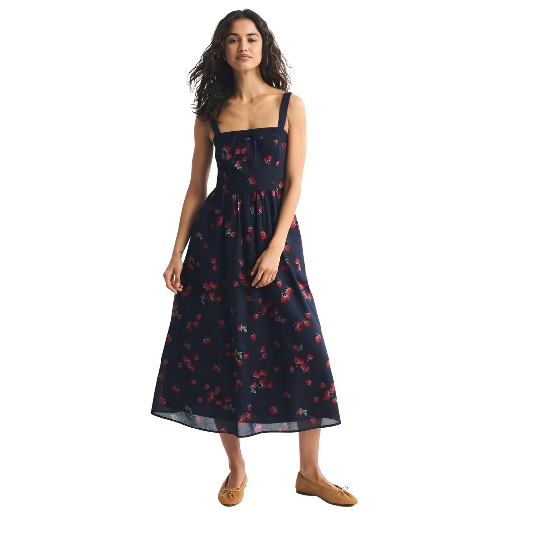 Voxlena Strawberry Print Sleeveless Midi Dress With Square Neck Summer Silhouette