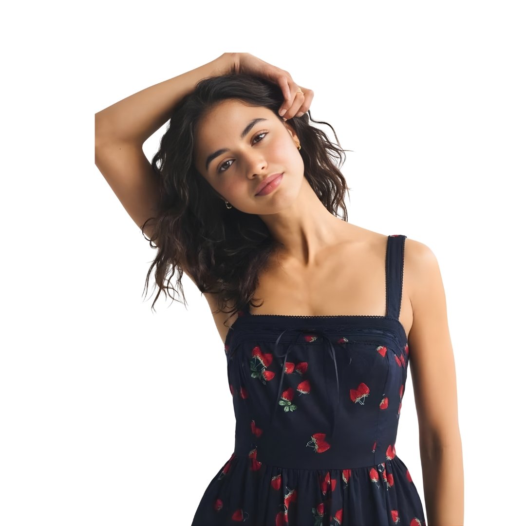 Voxlena Strawberry Print Sleeveless Midi Dress With Square Neck Summer Silhouette