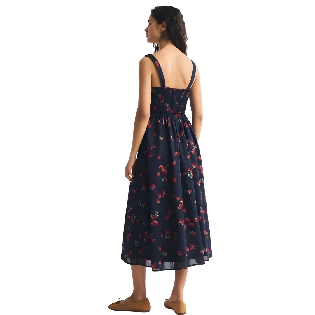 Voxlena Strawberry Print Sleeveless Midi Dress With Square Neck Summer Silhouette
