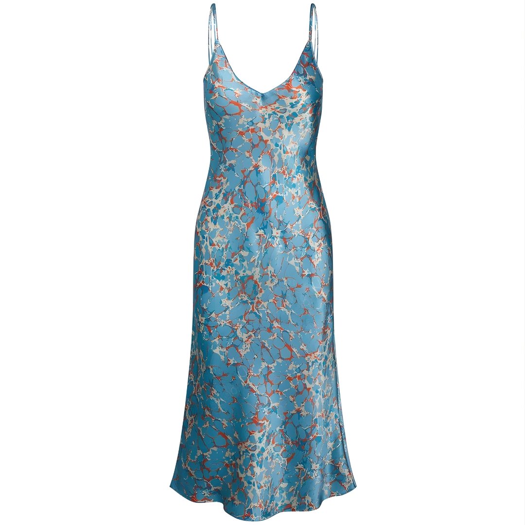 Voxlena Turquoise Marble Satin Slip Dress with Delicate Straps and Fluid Drape