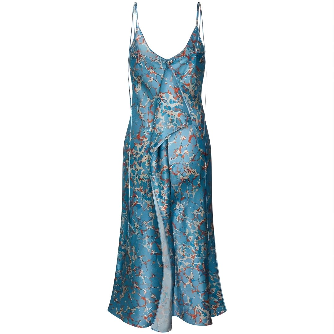 Voxlena Turquoise Marble Satin Slip Dress with Delicate Straps and Fluid Drape