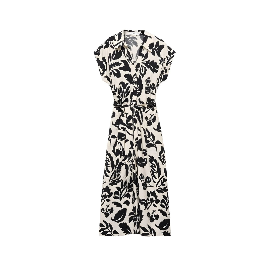 Voxlena Monochrome Floral Shirt Dress with Belted Waist and Relaxed Silhouette