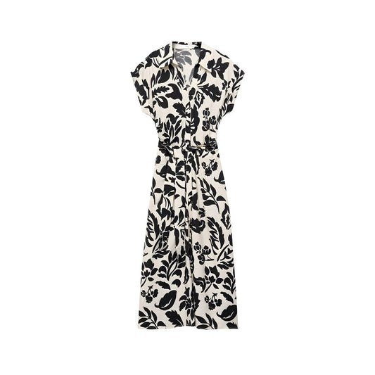 Voxlena Monochrome Floral Shirt Dress with Belted Waist and Relaxed Silhouette
