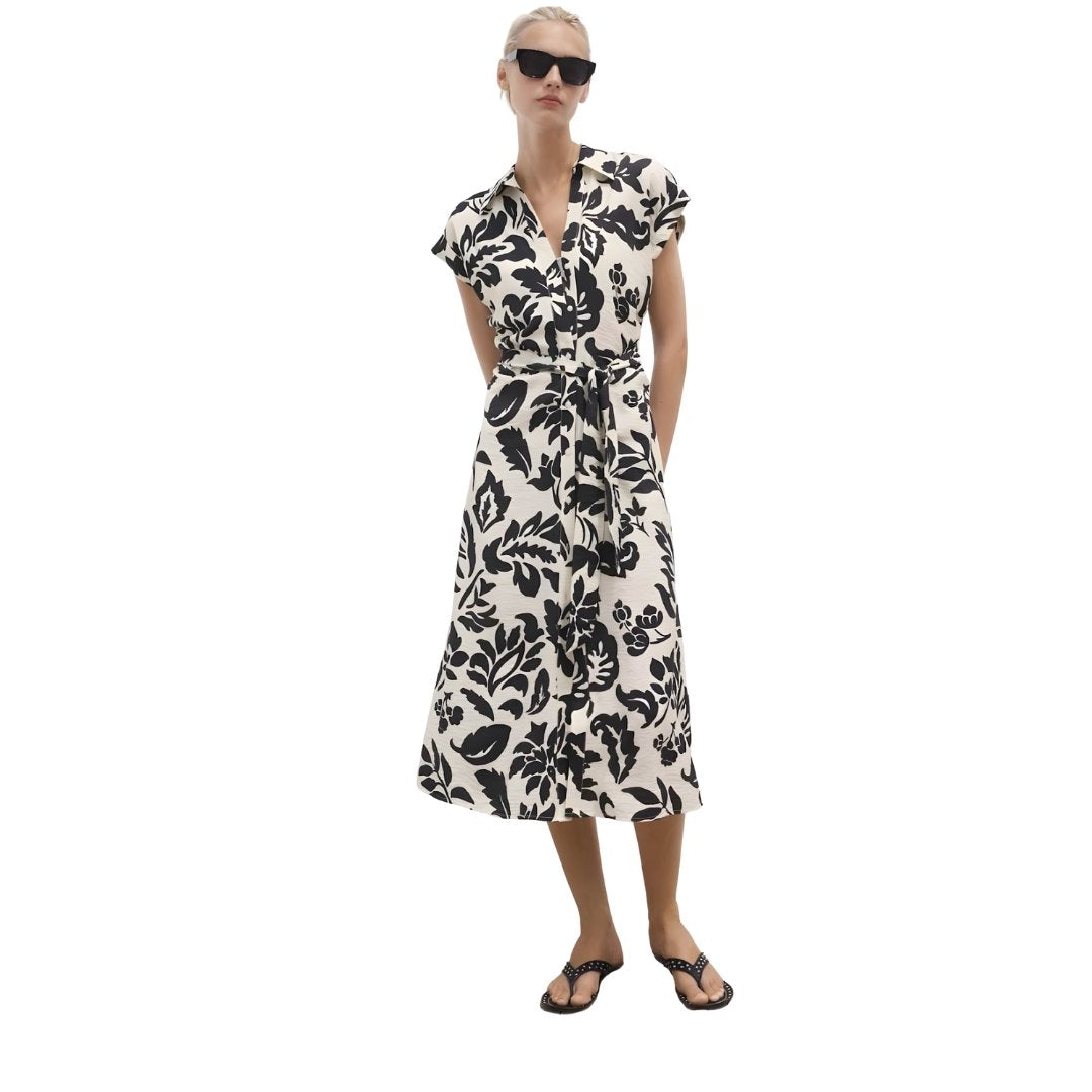 Voxlena Monochrome Floral Shirt Dress with Belted Waist and Relaxed Silhouette