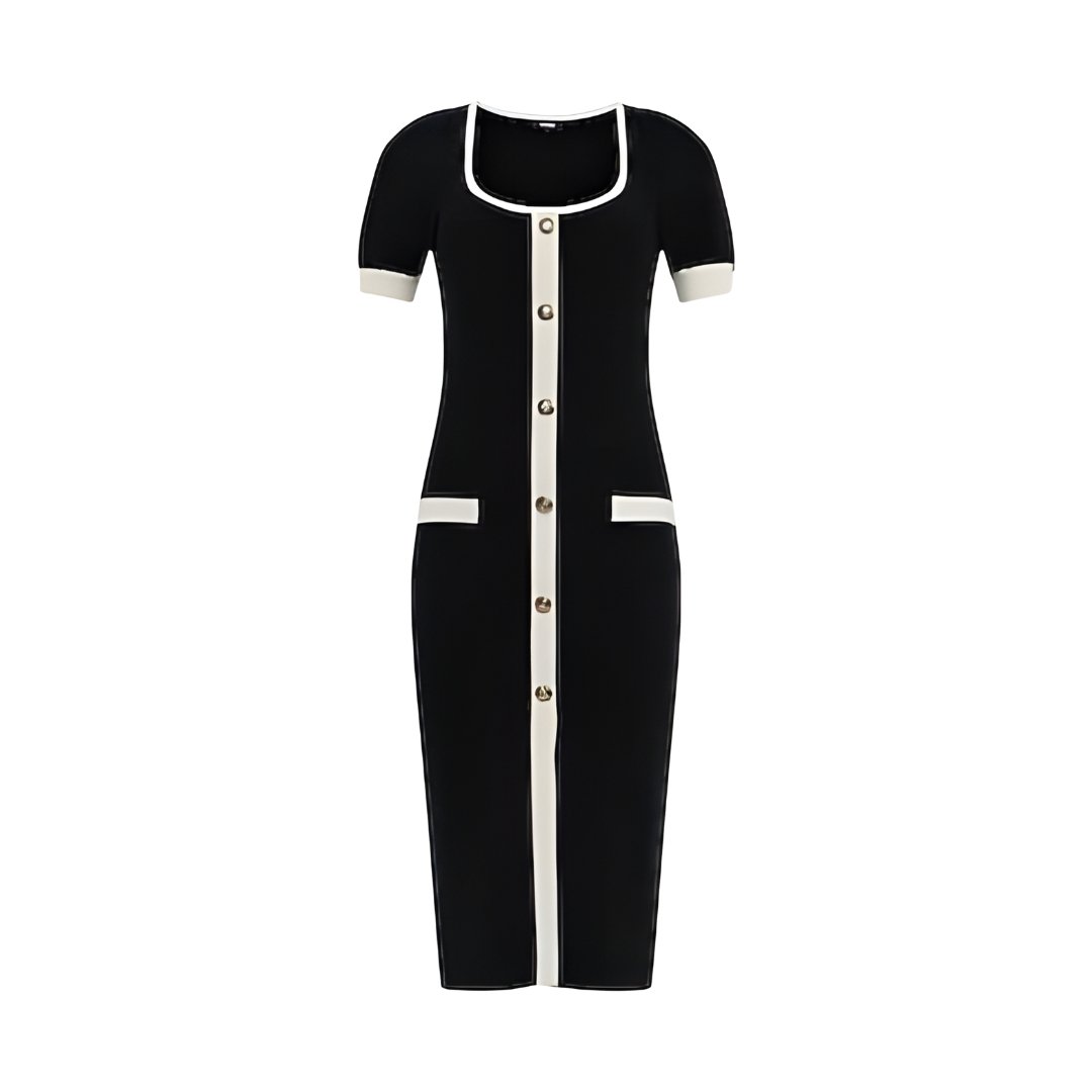 Voxlena Contrast Trim Knit Midi Dress with Buttons and Elegant Tailored Fit