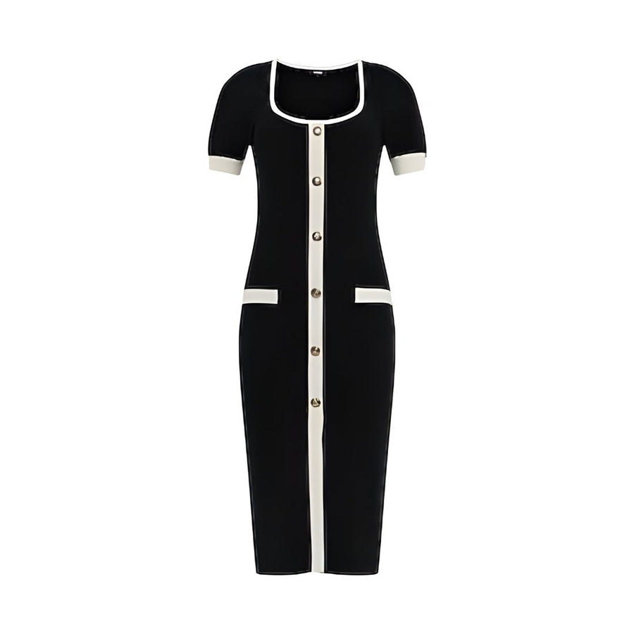 Voxlena Contrast Trim Knit Midi Dress with Buttons and Elegant Tailored Fit