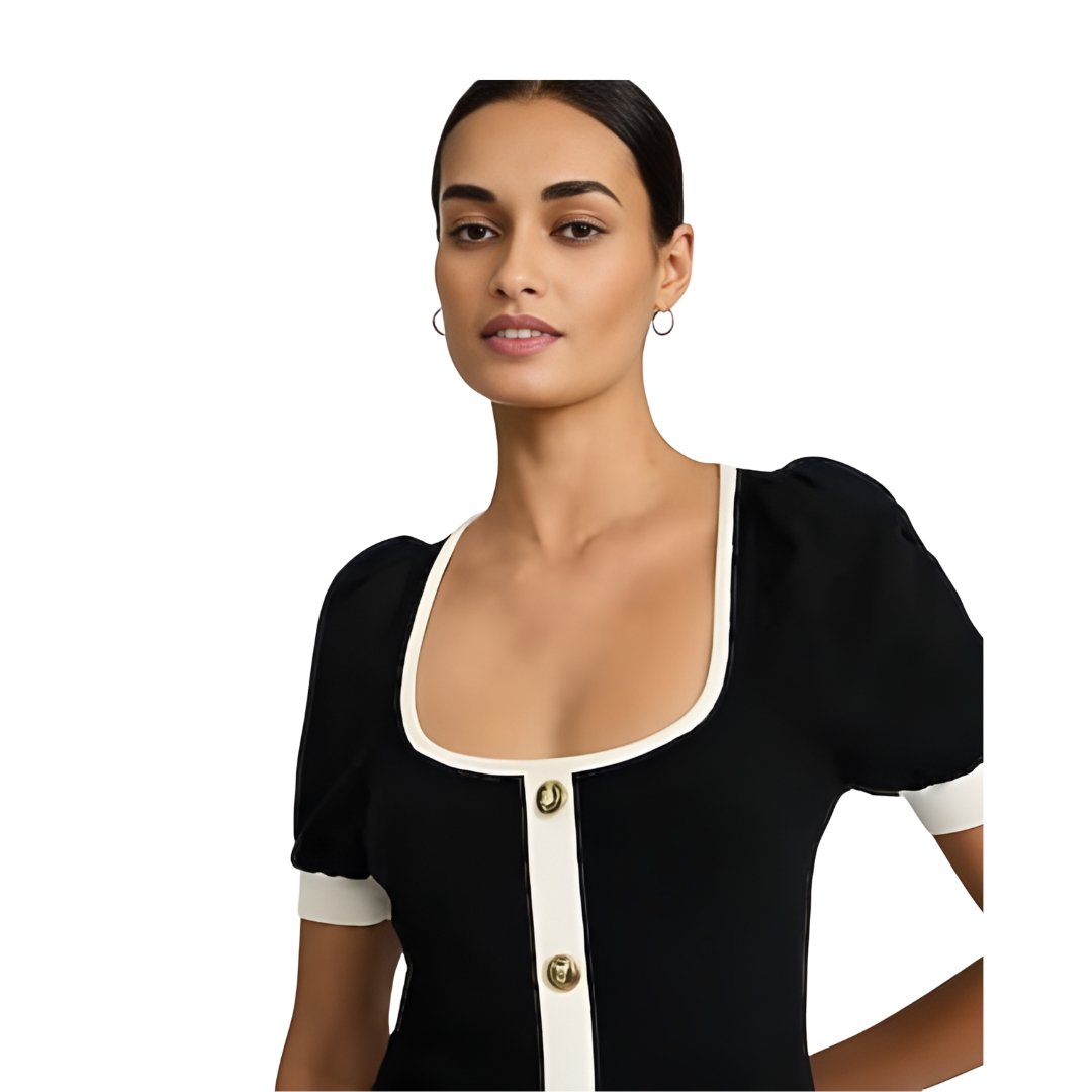 Voxlena Contrast Trim Knit Midi Dress with Buttons and Elegant Tailored Fit