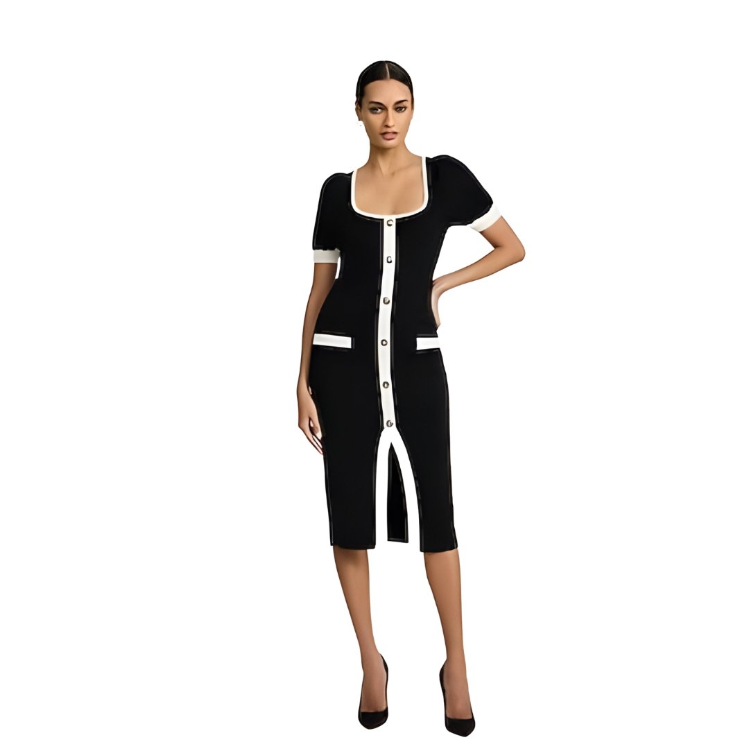 Voxlena Contrast Trim Knit Midi Dress with Buttons and Elegant Tailored Fit